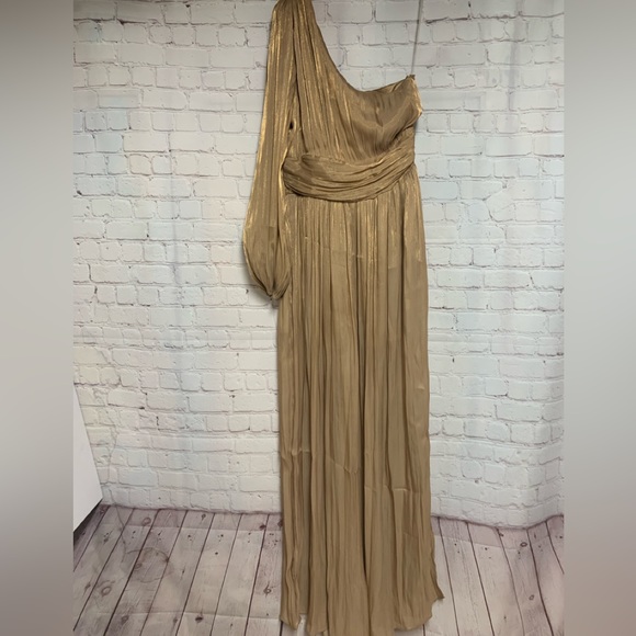 NEW Anthropologie Tan Gold Metallic Wide Leg Single Shoulder Jumpsuit Size 6 - Picture 6 of 6